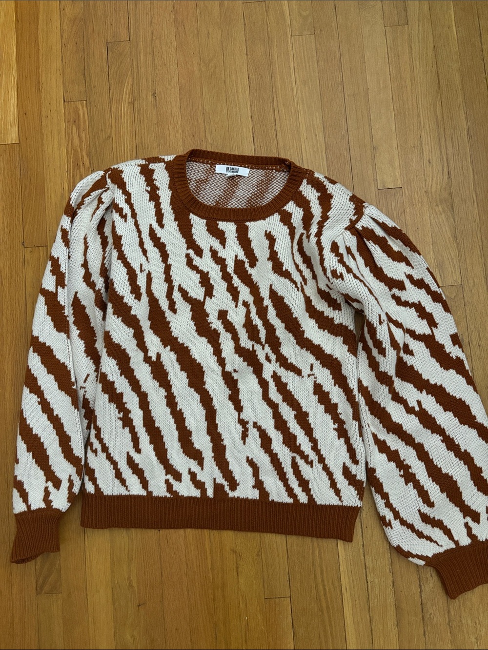 Steve Madden Cream and Brown Zebra-Pattern Crewneck Sweater